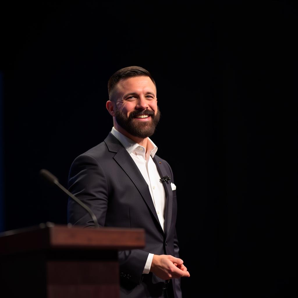 Coach Vidal speaking on stage in a suit